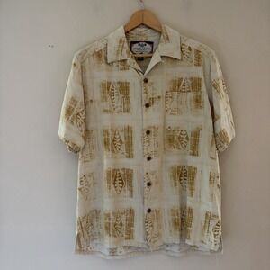Bahama Bay Club Mens Silk Blend Aloha Shirt Size M Beige Hawaiian AOP Floral